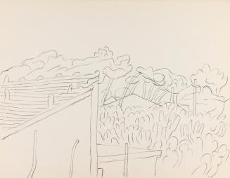 Alfred Wickenburg, Gebäude vor einer Baumlandschaft, um 1961, Bleistift auf Papier, Blattmaße:  ...