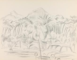 Alfred Wickenburg, Auto vor vor einer Berglandschaft, um 1961, Bleistift auf Papier, Blattmaße: ...