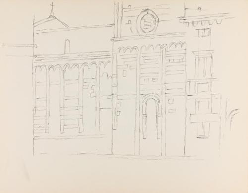 Alfred Wickenburg, Fassade eines Kirchenbaus, um 1961, Bleistift auf Papier, Blattmaße: 24 × 30 ...