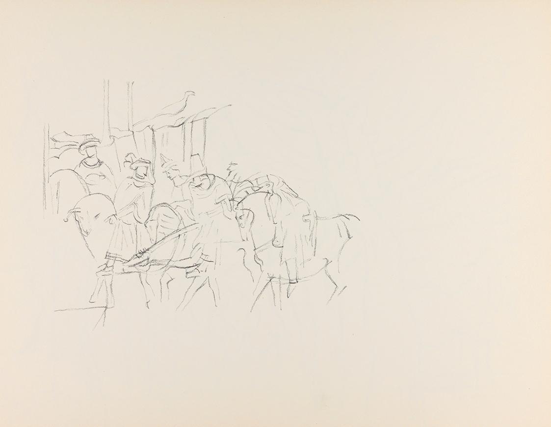 Alfred Wickenburg, Gesellschaft zu Pferd, um 1961, Bleistift auf Papier, Blattmaße: 24 × 30,5 c ...