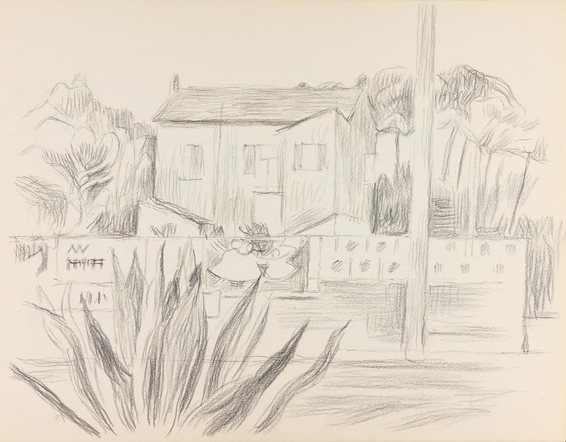 Alfred Wickenburg, Gebäude vor einer Landschaft, um 1961, Bleistift auf Papier, Blattmaße: 24 × ...