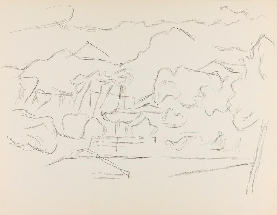 Alfred Wickenburg, Springbrunnen vor einer Landschaft, um 1961, Bleistift auf Papier, Blattmaße ...