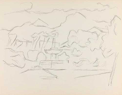 Alfred Wickenburg, Springbrunnen vor einer Landschaft, um 1961, Bleistift auf Papier, Blattmaße ...