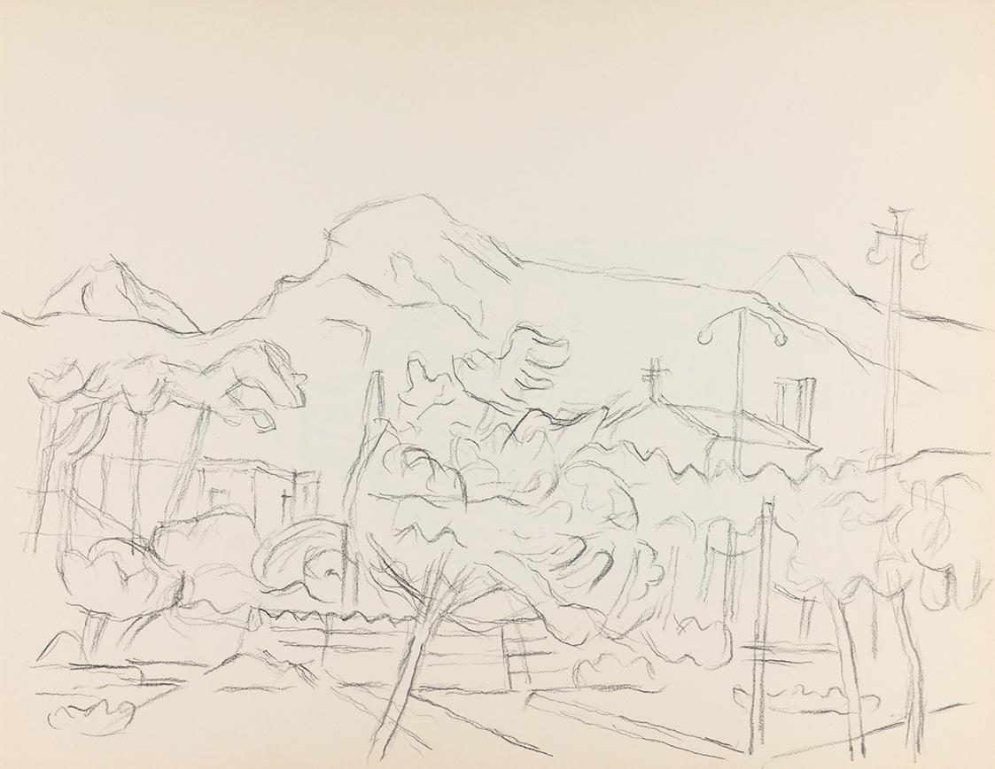 Alfred Wickenburg, Stadt vor einer Berglandschaft, um 1961, Bleistift auf Papier, Blattmaße: 24 ...