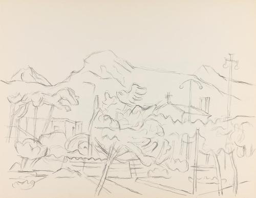 Alfred Wickenburg, Stadt vor einer Berglandschaft, um 1961, Bleistift auf Papier, Blattmaße: 24 ...