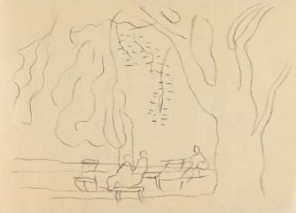 Alfred Wickenburg, Personen auf Parkbänken, um 1960, Kohle auf Papier, Blattmaße: 14,8 × 20,5 c ...