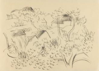 Alfred Wickenburg, Hügellandschaft mit Häusern und Bäumen, um 1960, Kohle auf Papier, Blattmaße ...