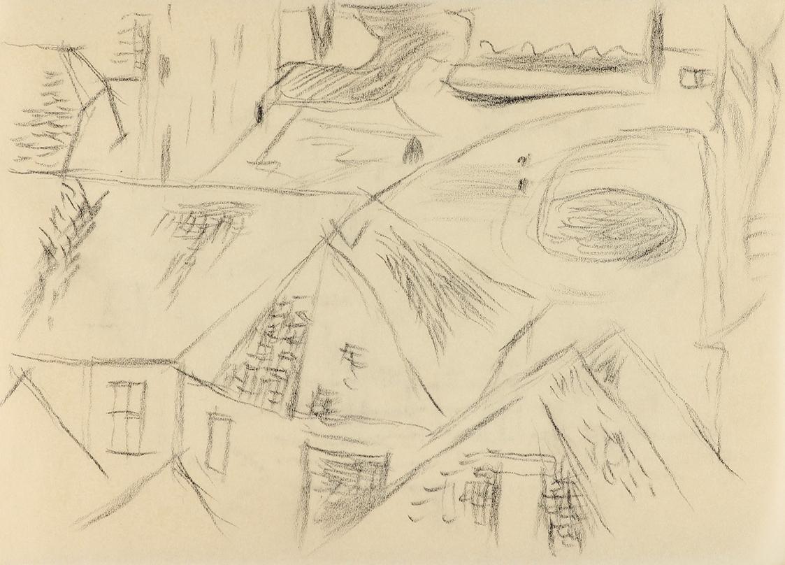 Alfred Wickenburg, Dachlandschaft, um 1960, Kohle auf Papier, Blattmaße: 14,8 × 20,5 cm, Privat ...