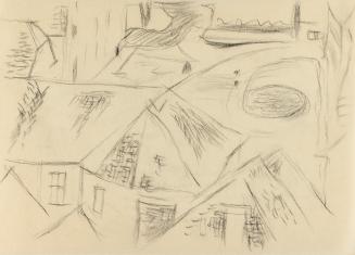 Alfred Wickenburg, Dachlandschaft, um 1960, Kohle auf Papier, Blattmaße: 14,8 × 20,5 cm, Privat ...