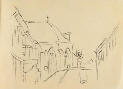 Alfred Wickenburg, Blick an Gebäuden vorbei auf eine Kirche, um 1960, Kohle auf Papier, Blattma ...