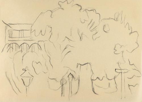 Alfred Wickenburg, Bäume und Laternen, um 1960, Kohle auf Papier, Blattmaße: 14,8 × 20,5 cm, Pr ...