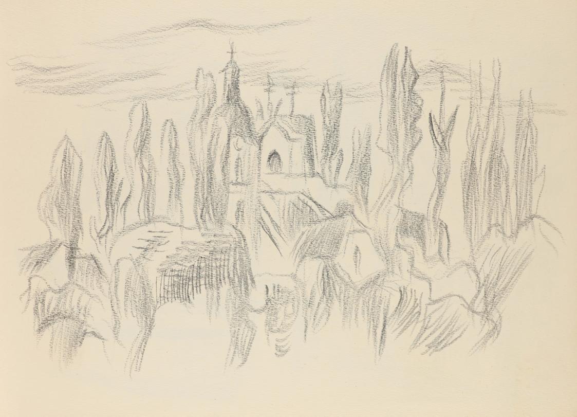 Alfred Wickenburg, Kalvarienbergkirche in Graz, um 1945, Graphit auf Papier, Blattmaße: 21 × 28 ...