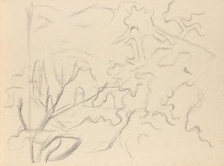 Alfred Wickenburg, Landschaftstudie mit Bäumen im Vordergrund, um 1945, Graphit auf Papier, Bla ...