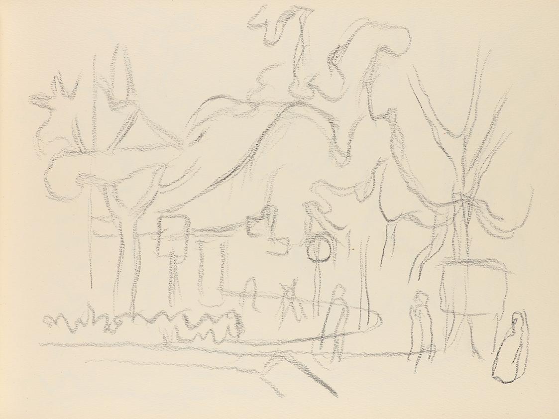 Alfred Wickenburg, Park mit Spaziergängern, um 1945, Graphit auf Papier, Blattmaße: 21 × 28,5 c ...