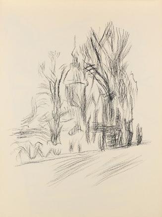 Alfred Wickenburg, Kirchturm hinter Bäumen, um 1945, Kohle auf Papier, Blattmaße: 28,5 × 21 cm, ...