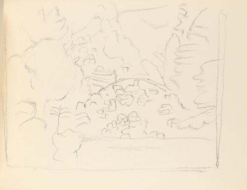 Alfred Wickenburg, Hügellandschaft mit Gebäuden und Pflanzen, um 1945, Graphit auf Papier, Blat ...