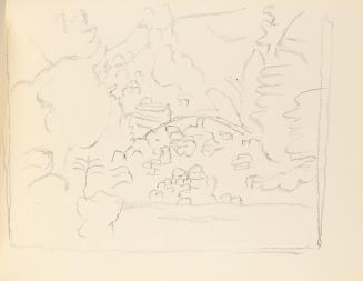 Alfred Wickenburg, Hügellandschaft mit Gebäuden und Pflanzen, um 1945, Graphit auf Papier, Blat ...