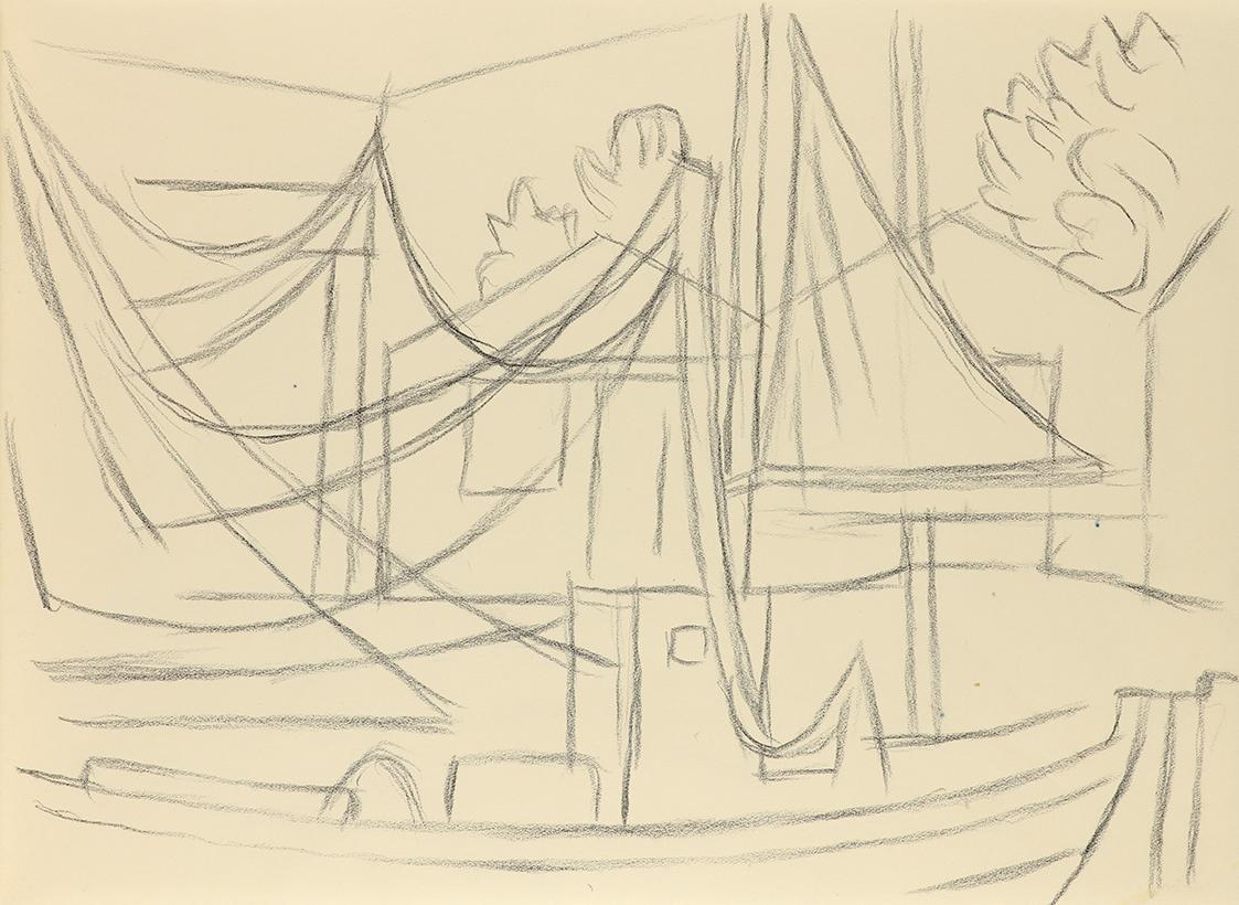 Alfred Wickenburg, Seegelschiffe in einem Hafen, um 1955, Schwarze Kreide auf Papier, Blattmaße ...