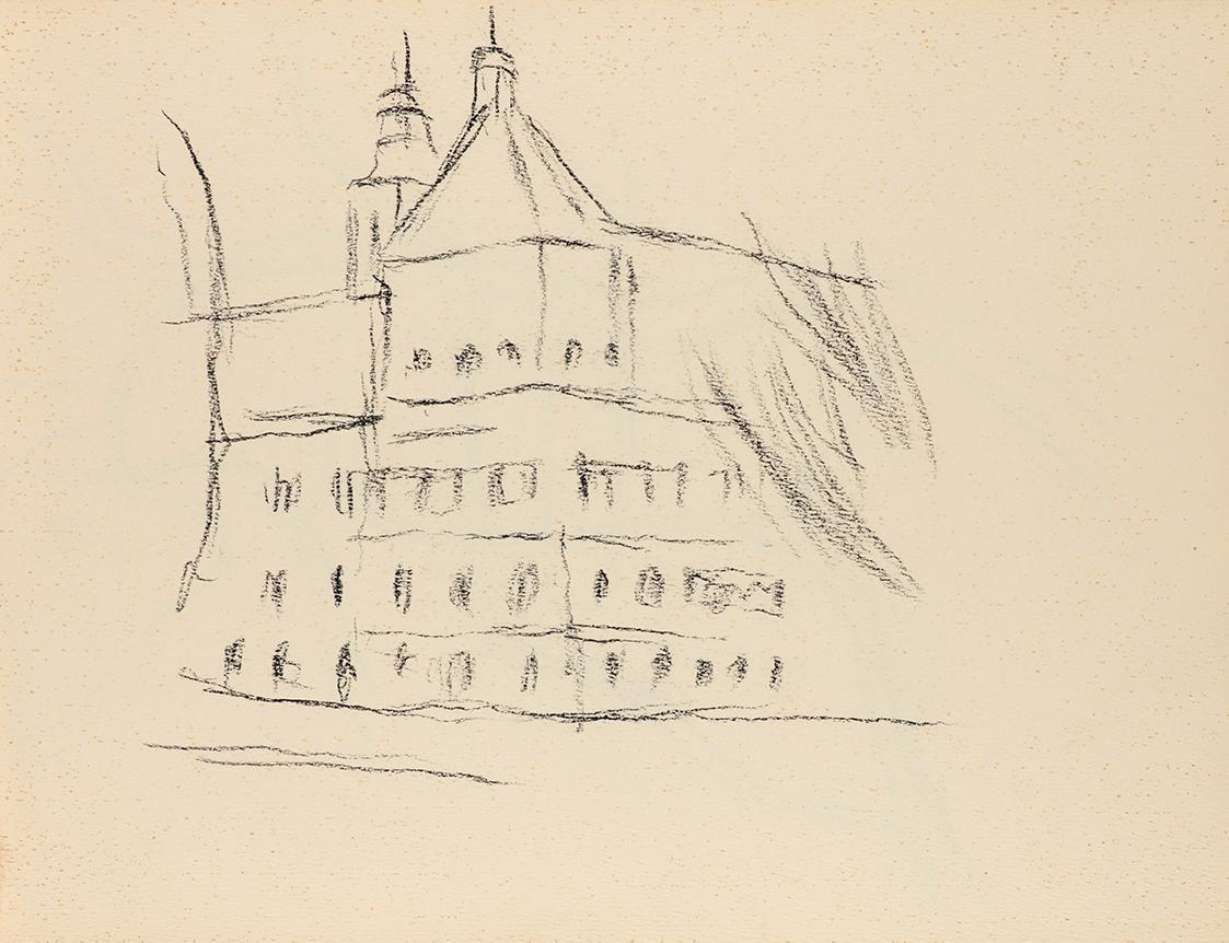 Alfred Wickenburg, Schloss Eggenberg, 1950/1955, Kohle auf Papier, Blattmaße: 21 × 28 cm, Priva ...