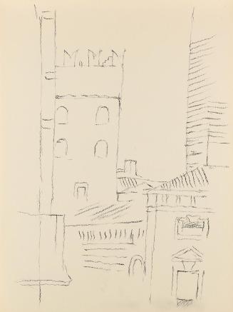 Alfred Wickenburg, Turm zwischen Häusern, 1950/1955, Kohle auf Papier, Blattmaße: 28 × 21 cm, P ...