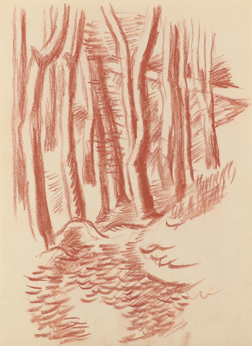 Alfred Wickenburg, Waldweg, 1939, Rötel auf Papier, Blattmaße: 28 × 20,4 cm, Privatbesitz