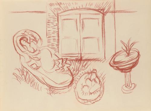 Alfred Wickenburg, Dame im Liegestuhl im Garten, 1939, Rötel auf Papier, Blattmaße: 20,4 × 28 c ...