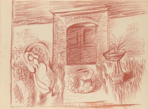 Alfred Wickenburg, Dame in Liegestuhl im Garten, 1939, Rötel auf Papier, Blattmaße: 20,4 × 28 c ...
