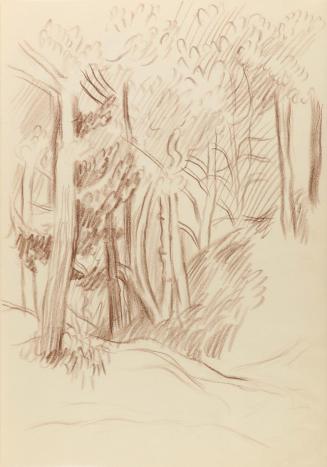 Alfred Wickenburg, Waldinneres, 1941, Braune Kreide auf Papier, Blattmaße: 29,7 × 20,7 cm, Priv ...