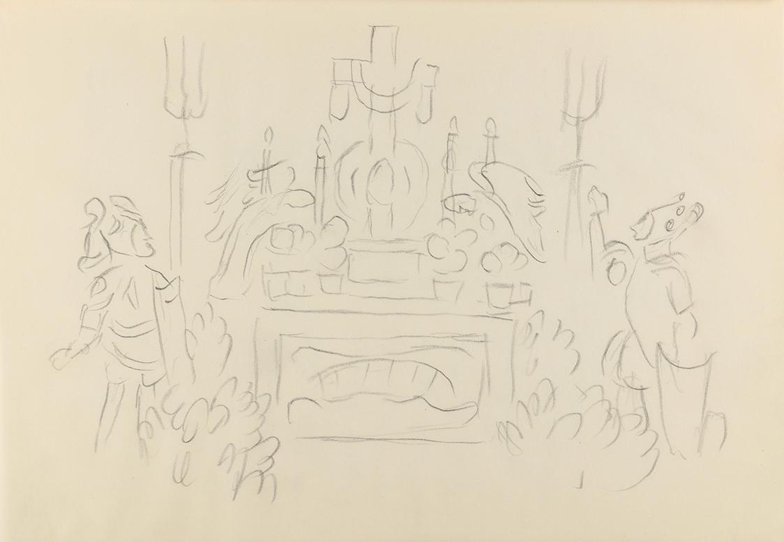 Alfred Wickenburg, Altar von Ritterfiguren flankiert, 1941, Bleistift auf Papier, Blattmaße: 20 ...