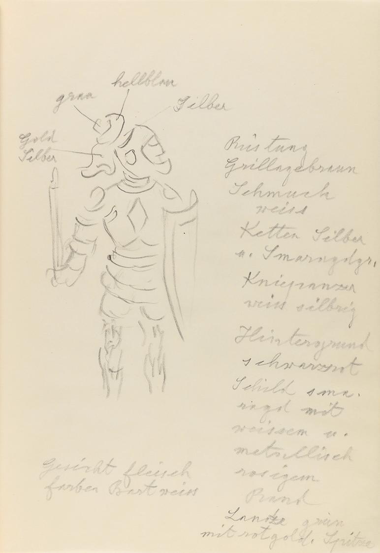 Alfred Wickenburg, Studie einer Ritterfigur mit Farbnotizen, 1941, Bleistift auf Papier, Blattm ...