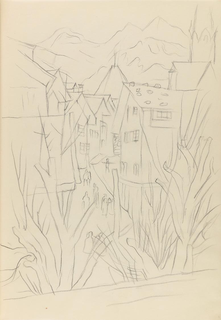 Alfred Wickenburg, Straße in einer Stadt mit Fußgängern, 1941, Bleistift auf Papier, Blattmaße: ...