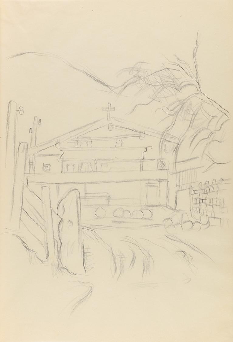 Alfred Wickenburg, Umzäuntes Gebäude vor einem Berg, 1941, Bleistift auf Papier, Blattmaße: 29, ...