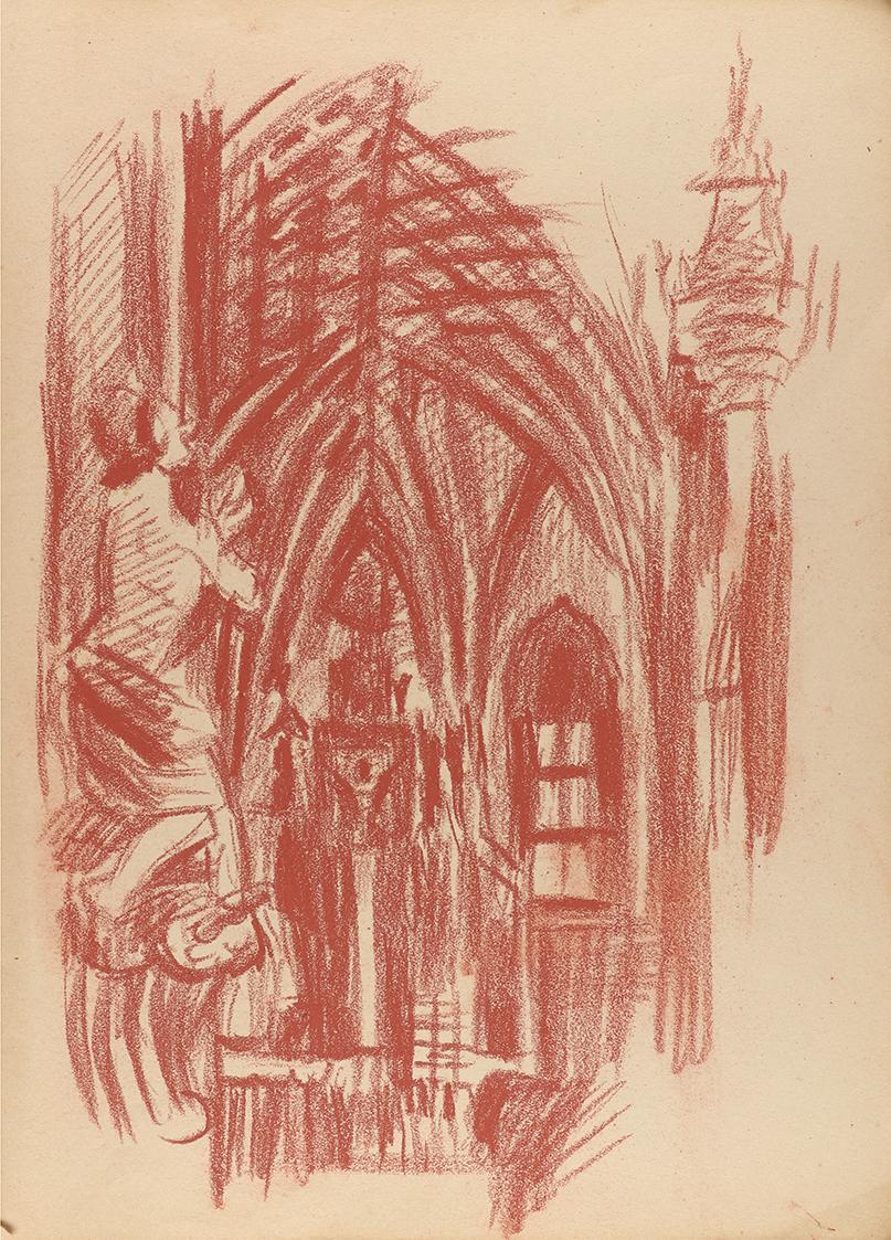 Alfred Wickenburg, Kircheninneres, 1943, Rötel auf Papier, Blattmaße: 31,8 × 23 cm, Privatbesit ...