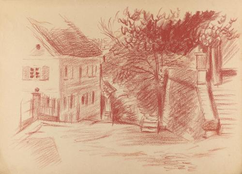 Alfred Wickenburg, Gebäude an einer Straße, 1943, Rötel auf Papier, Blattmaße: 23 × 31,8 cm, Pr ...