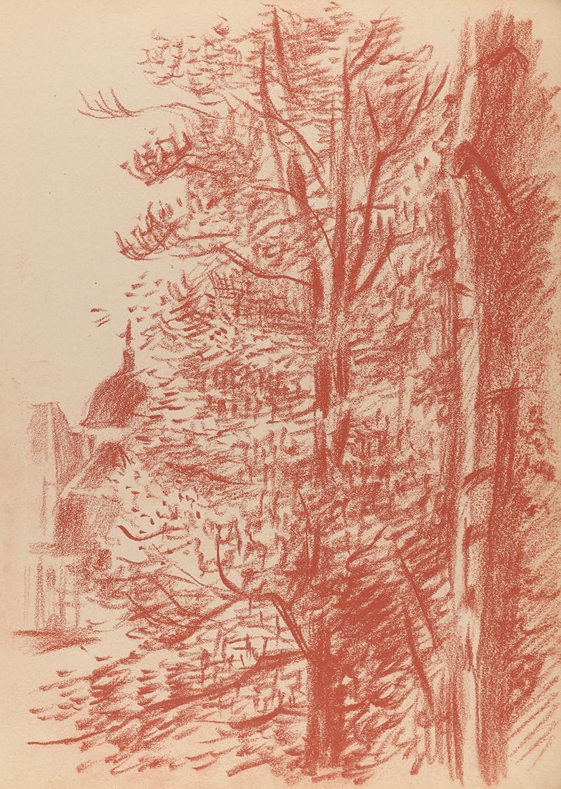 Alfred Wickenburg, Bäume mit Kirche im Hintergrund, 1943, Rötel auf Papier, Blattmaße: 31,8 × 2 ...