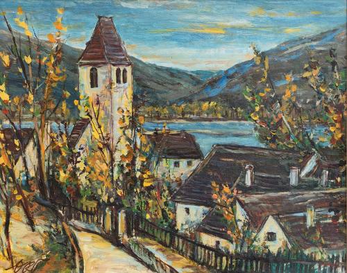 Otto Rudolf Schatz, Gärten in der Wachau, um 1958, Öl auf Karton, 31,2 × 42 cm, Galerie Altstad ...