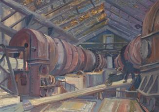 Otto Rudolf Schatz, Maschinenhalle unter einem Glasdach, 1961, Öltempera auf Papier, kaschiert  ...