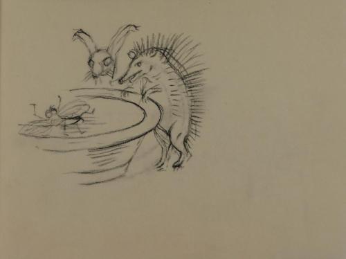 Alfred Wickenburg, Fliege in einem Wasserbecken von Igel und Hase beobachtet, 1952, Kohle auf T ...