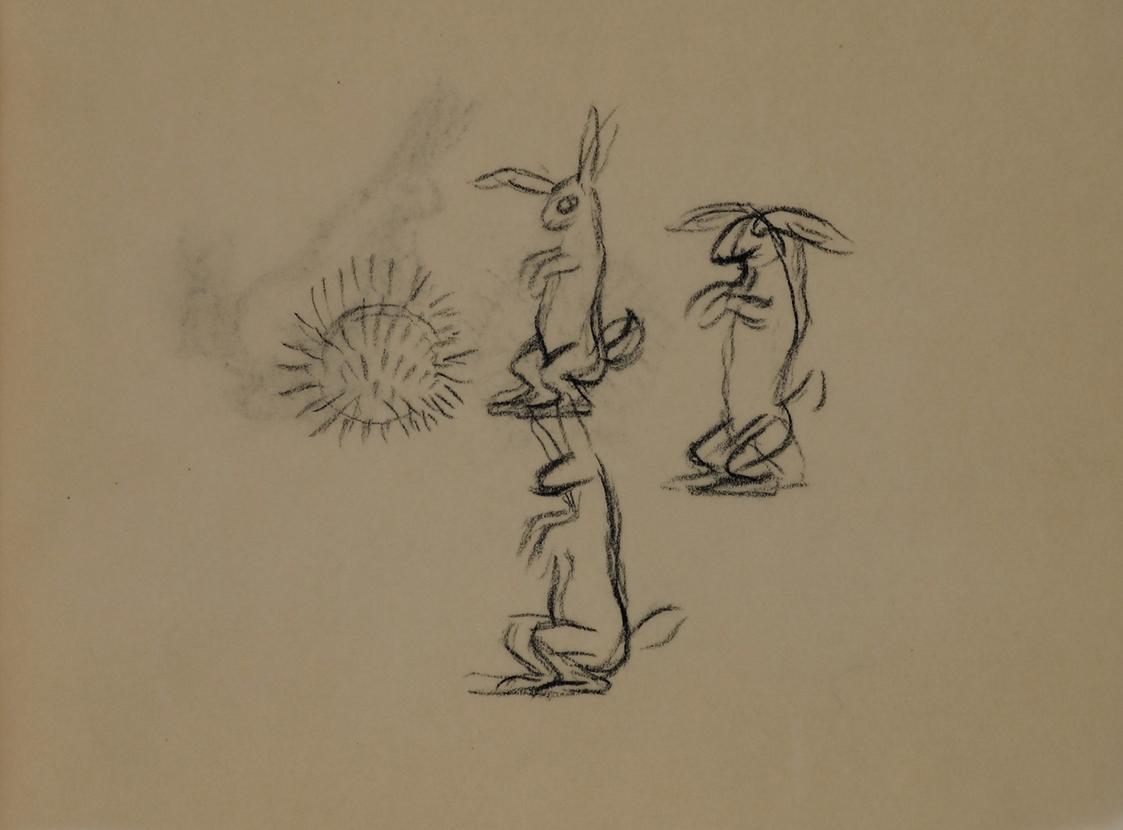 Alfred Wickenburg, Hasen und Igel, 1952, Kohle auf Transparentpapier, Blattmaße: 14,2 × 19,2 cm ...