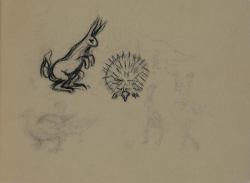 Alfred Wickenburg, Hase und Igel, 1952, Kohle auf Transparentpapier, Blattmaße: 14,2 × 19,2 cm, ...