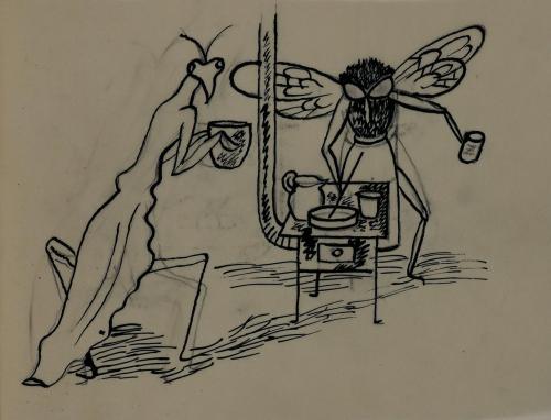 Alfred Wickenburg, Fliege und Gottesanbeterin kochend, 1952, Tusche über Kohle auf Transparentp ...