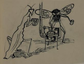 Alfred Wickenburg, Fliege und Gottesanbeterin kochend, 1952, Tusche über Kohle auf Transparentp ...