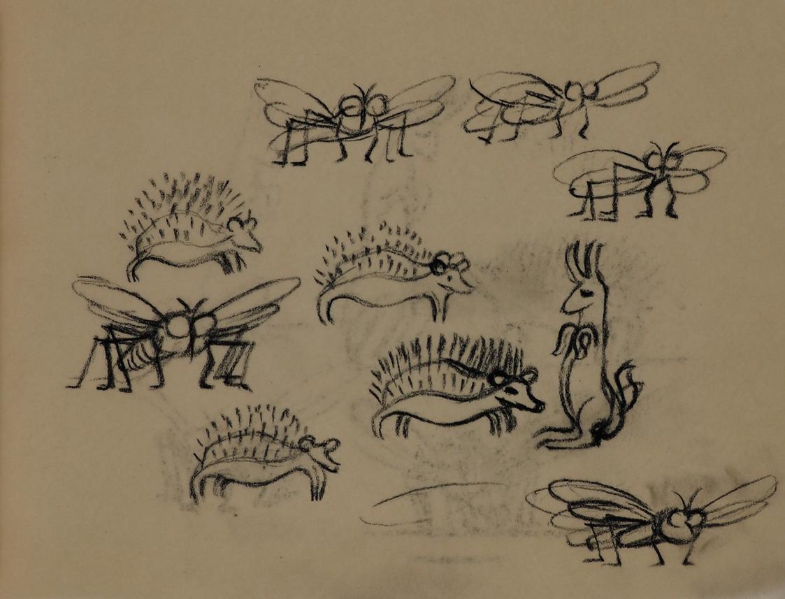 Alfred Wickenburg, Igel, Hase und Fliegen, 1952, Kohle auf Transparentpapier, Blattmaße: 14,2 × ...