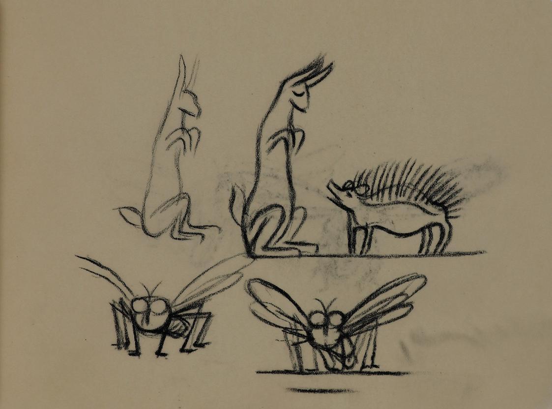 Alfred Wickenburg, Hasen, Igel und Fliegen, 1952, Kohle auf Transparentpapier, Blattmaße: 14,2  ...