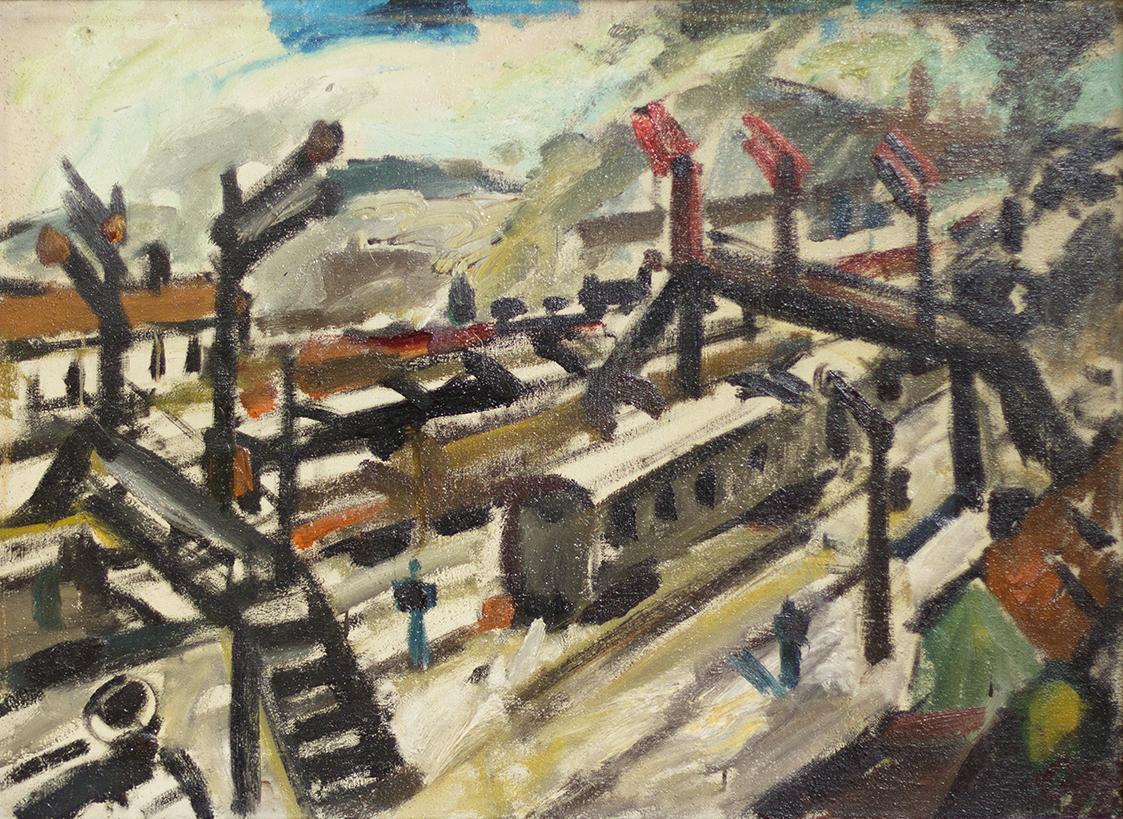 Otto Rudolf Schatz, Bahnhof, um 1924, Öl auf Leinwand, beidseitig, 65,5 × 89,5 cm, Privatbesitz