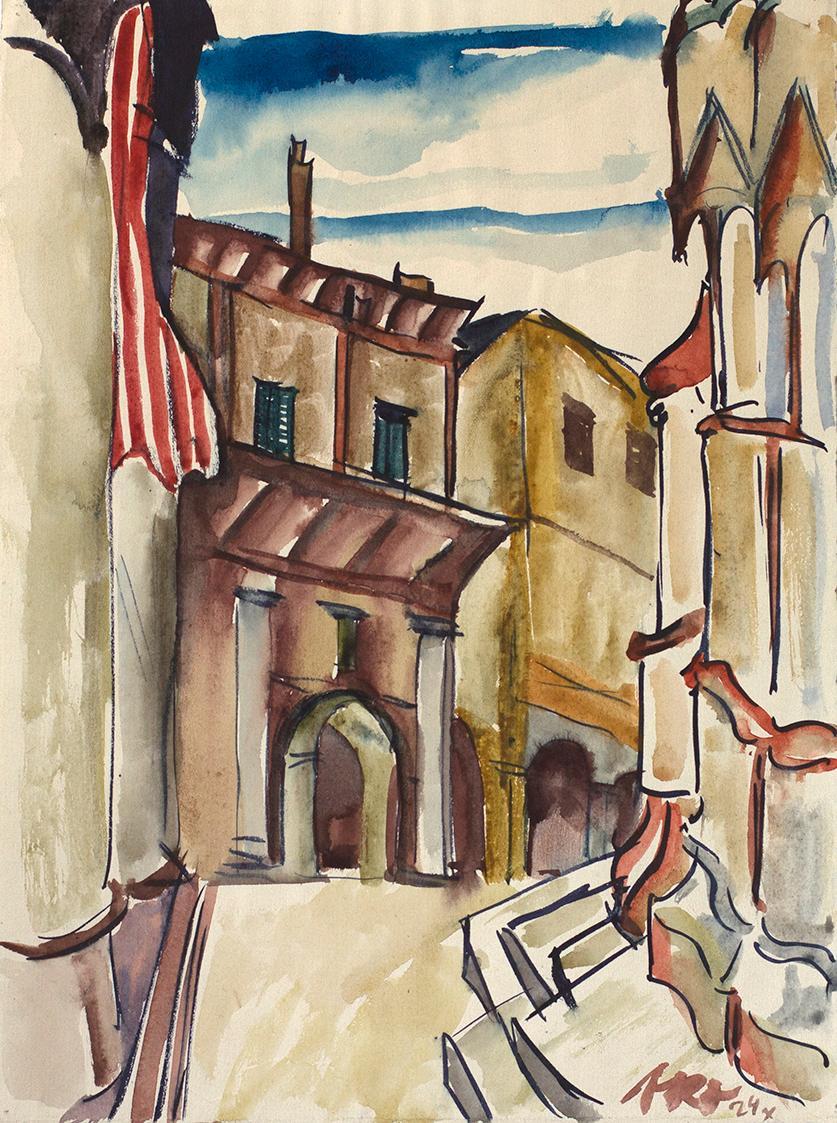 Otto Rudolf Schatz, Südliche Häuser mit Kirche, 1924, Aquarell auf Papier, 32 × 23,7 cm, Privat ...