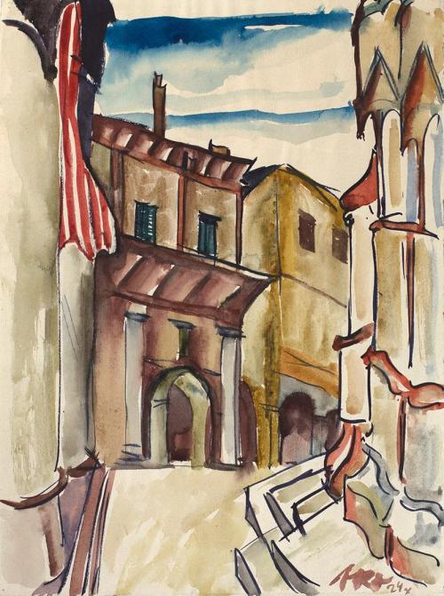 Otto Rudolf Schatz, Südliche Häuser mit Kirche, 1924, Aquarell auf Papier, 32 × 23,7 cm, Privat ...