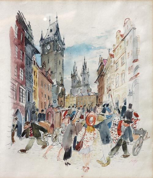 Otto Rudolf Schatz, Straßenszene beim Rathaus am Altstädter Ring in Prag, 1944, Aquarell auf Pa ...