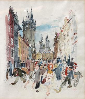 Otto Rudolf Schatz, Straßenszene beim Rathaus am Altstädter Ring in Prag, 1944, Aquarell auf Pa ...
