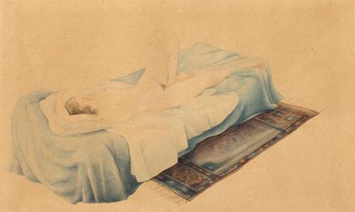 Otto Rudolf Schatz, Liegender Akt auf blauem Tuch, um 1930, Aquarell auf Papier, 20 × 29,8 cm,  ...